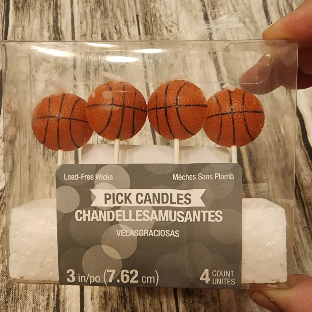 Basketball birthday party or celebration candles. New in box. 3 inches. Set of 4